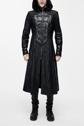 Black Hooded One Side Shawl Style Mens Leather Long Punk Coat